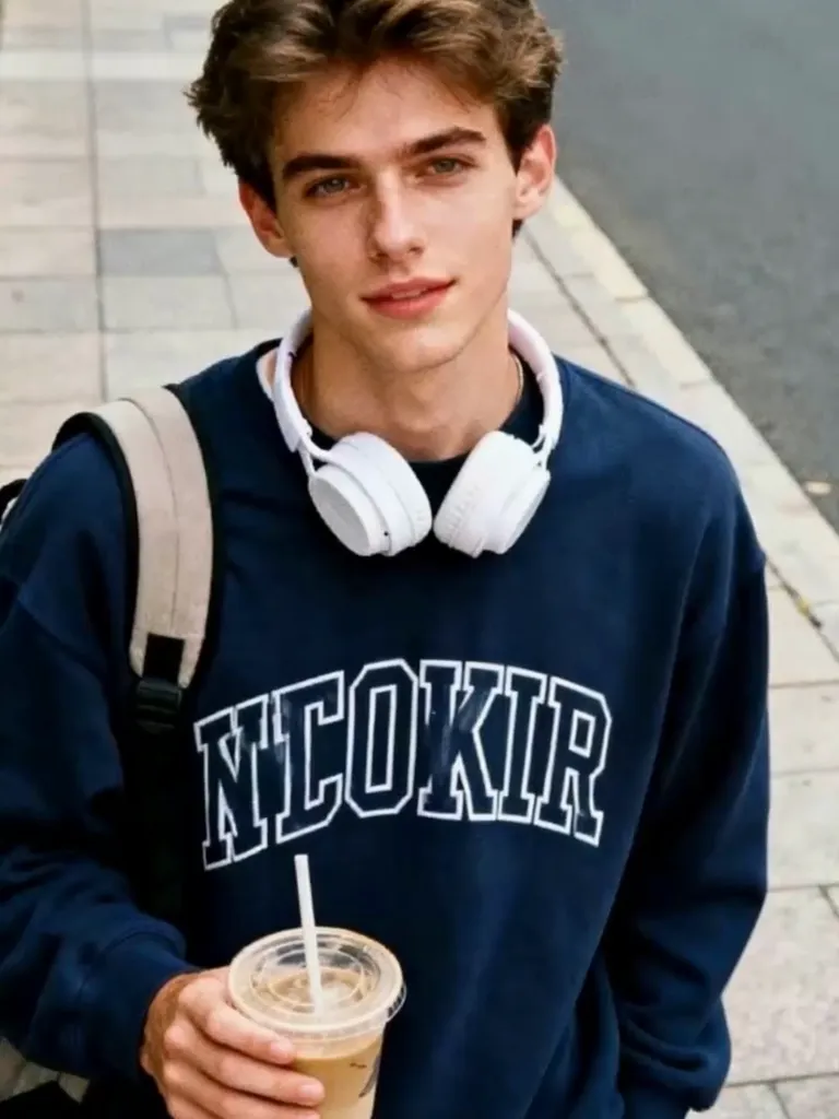 A young man in a navy sweatshirt with white lettering and white headphones around his neck holds an iced coffee on a sunny paved sidewalk, a real-person input photo for an AI belly inflation video