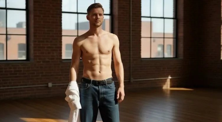 A shirtless young man in blue jeans stands in a bright loft with large windows and brick walls, a real-person input photo for an AI belly inflation video