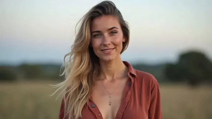 A young blonde woman in a rust button-up shirt stands in a golden field at golden hour, a real-person input photo for an AI belly inflation video