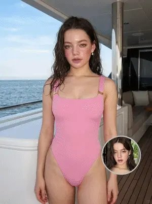 A woman in a pink one-piece swimsuit stands on a yacht deck overlooking open water in bright summer light, an AI bikini generator style scene