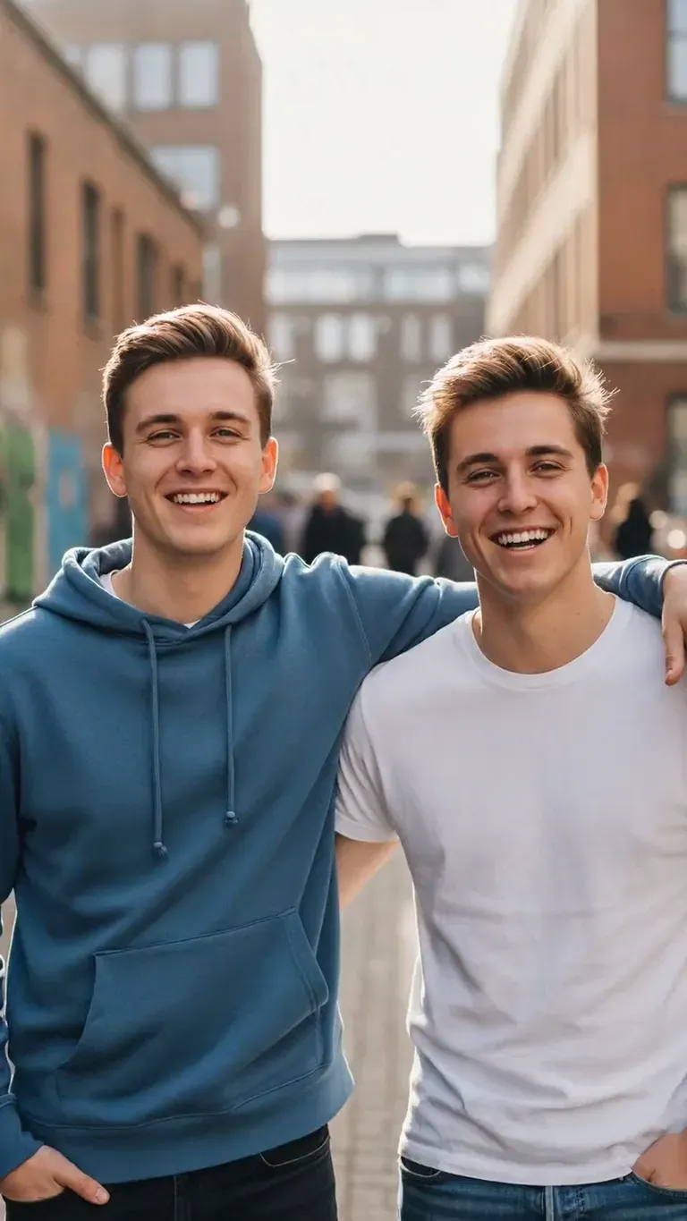 Two young men with their arms around each other on a city street, an input photo for an AI fight video