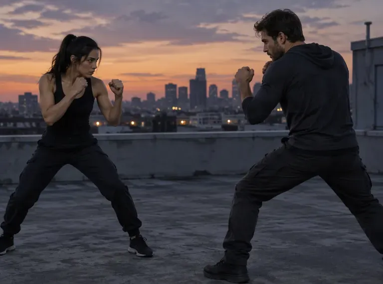 A man and a woman squaring off in martial-arts stances on a rooftop at sunset, an input photo for an AI fight video