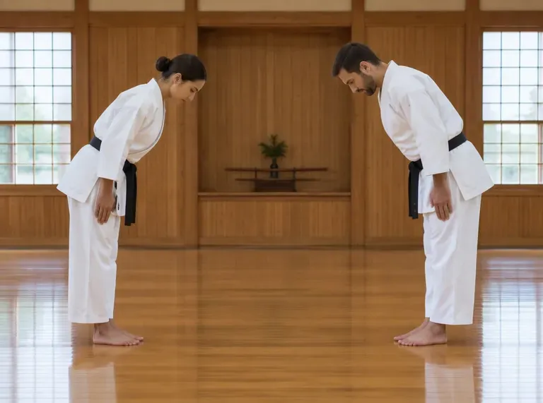 Two people in white martial arts uniforms bowing to each other in a wooden dojo, an input photo for an AI fight video
