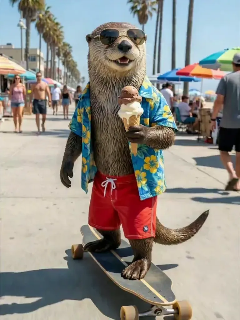 An anthropomorphic otter in a Hawaiian shirt and sunglasses riding a skateboard on a sunny beach promenade, an input image for an AI fursona video
