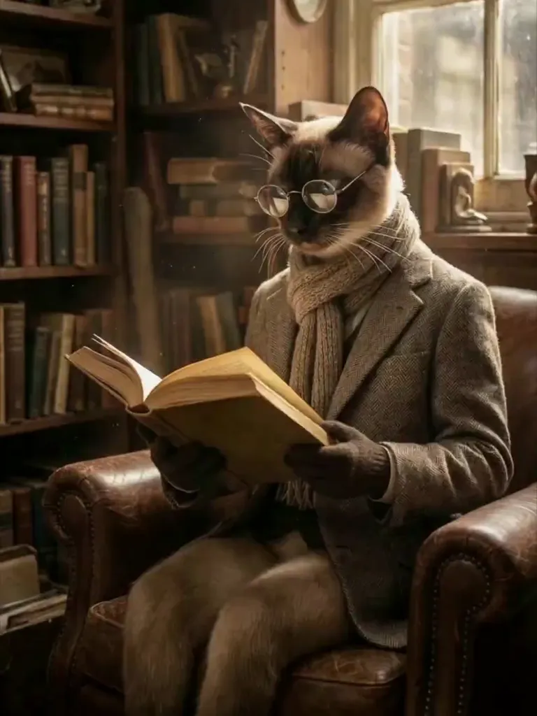 An anthropomorphic cat in a scarf and coat reading an old book in a warm library armchair, an input image for an AI fursona video