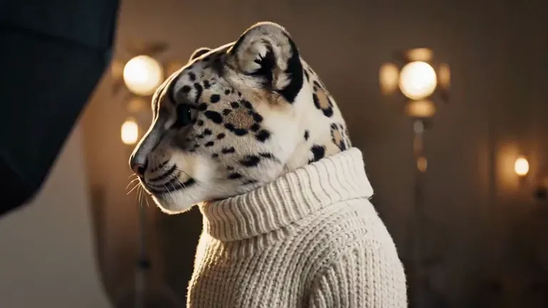 An anthropomorphic snow leopard with spotted fur in a cream knit turtleneck against warm round bokeh lights, an input image for an AI fursona video