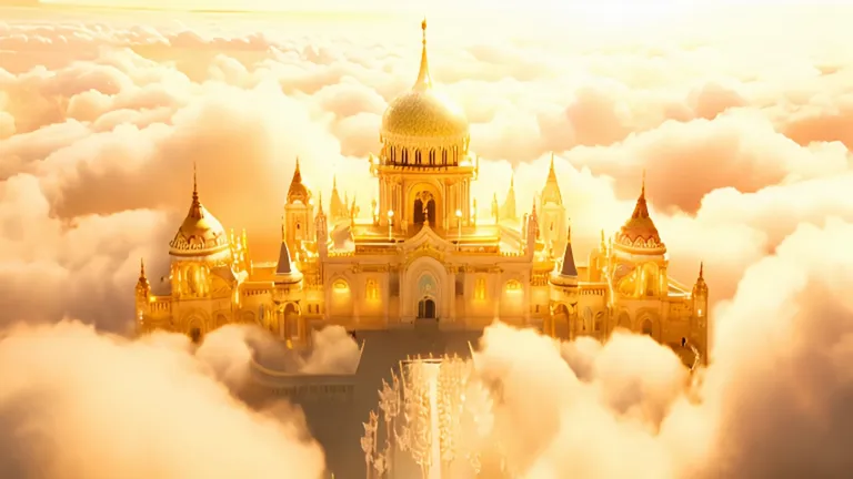 A golden palace with tall domes floating on golden clouds at sunrise, a heavenly scene for an AI heaven video