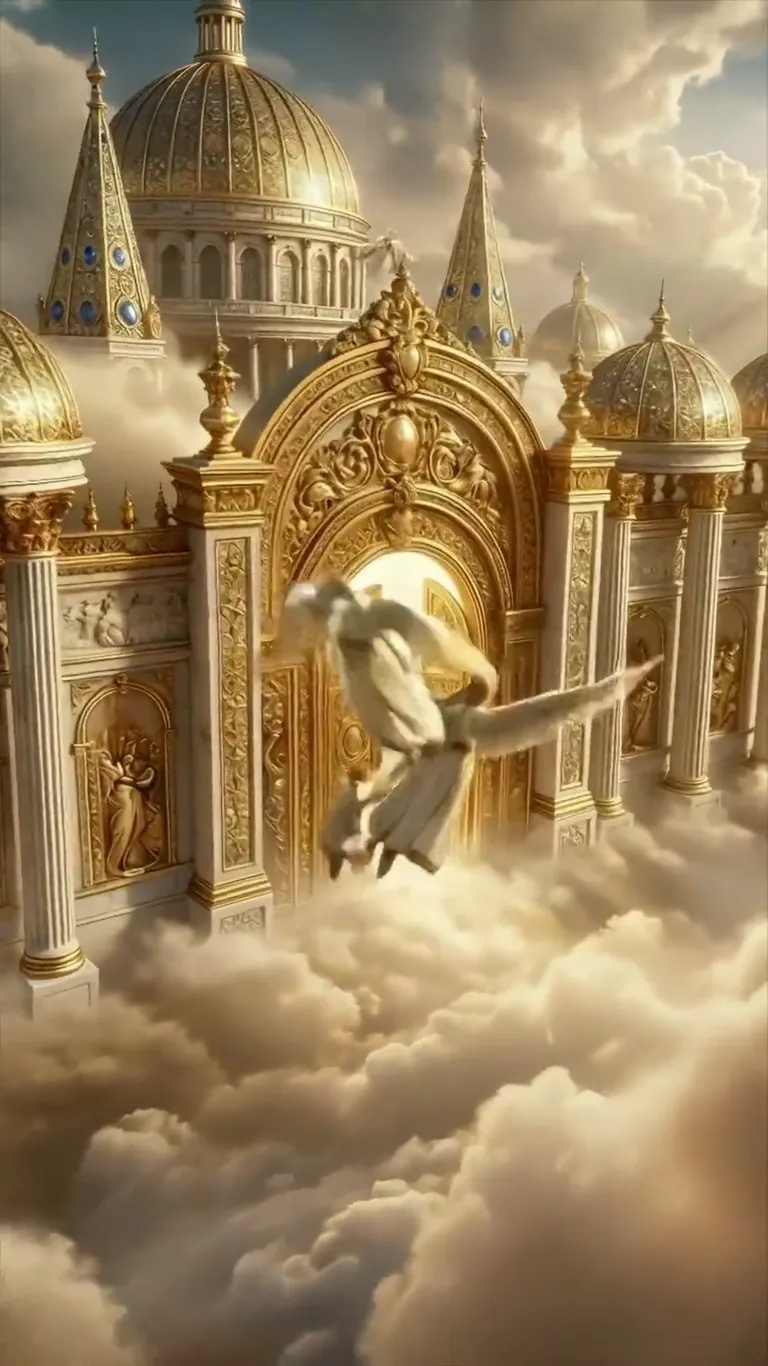 A golden heavenly city with domed palaces and drifting angels above a sea of clouds, a still from an AI heaven video