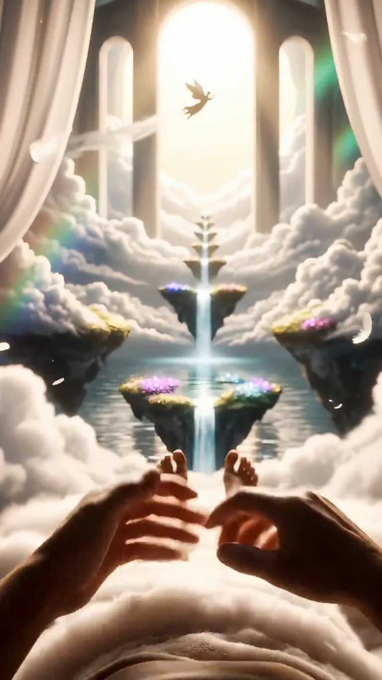 Floating island gardens with a glowing tree and a waterfall of light above the clouds, a heavenly scene for an AI heaven video