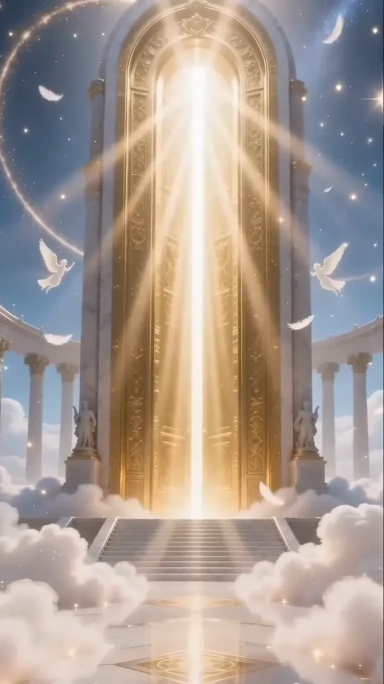 A monumental golden archway pouring a column of white light onto marble steps while white doves circle, a heavenly scene for an AI heaven video