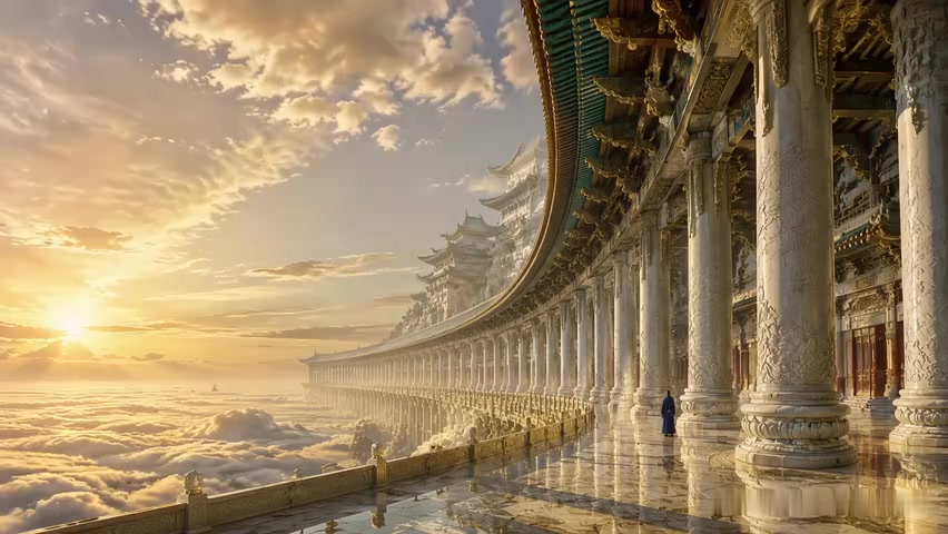 A lone immortal walks along an ornate white jade corridor of a celestial palace, its carved columns stretching endlessly above a sea of golden clouds at sunset