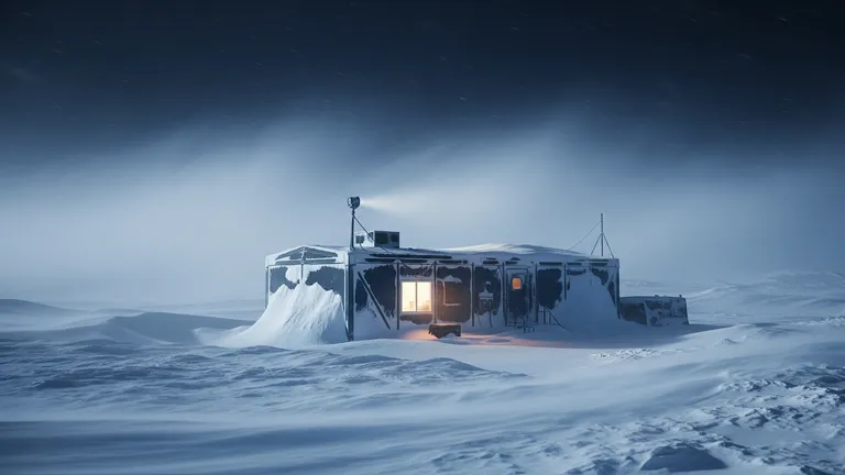 Cinematic wide shot of an arctic research outpost in a nighttime blizzard, generated by a text to image AI