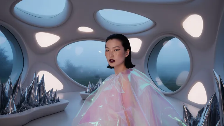 Futuristic fashion photo of a figure in an iridescent cape inside organic architecture, generated by a text to image AI