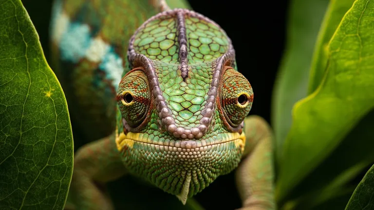 Photorealistic chameleon close-up blending into vibrant green leaves, generated by a text to image AI