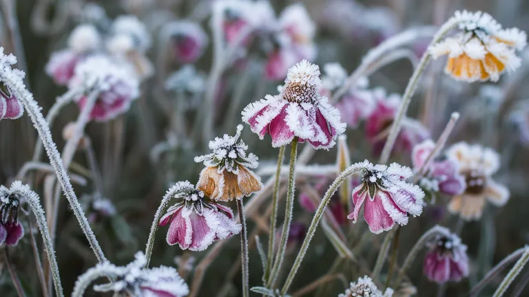 Extreme close-up of frosted wildflowers glazed with sparkling ice crystals, generated by a text to image AI