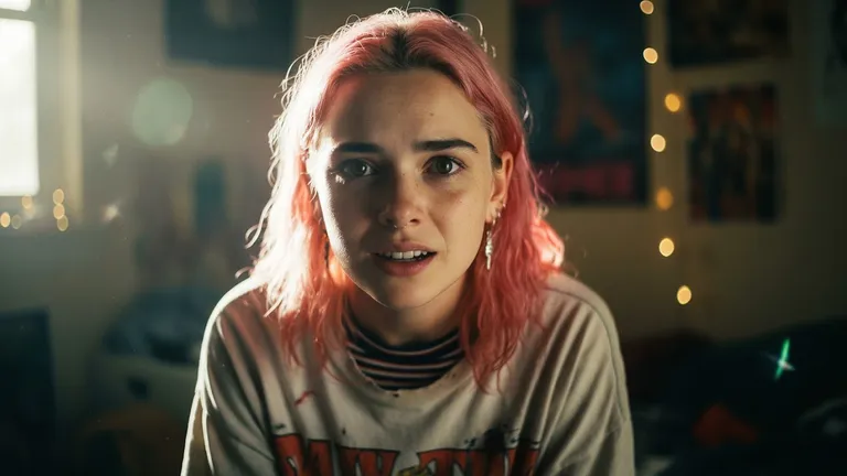 Cinematic portrait of a young woman with pink hair in warm golden-hour light, generated by a text to image AI
