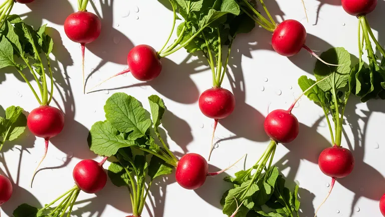 Hyperrealistic food photo of fresh radishes arranged in a repeating pattern, generated by a text to image AI