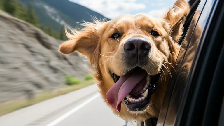 Joyful golden retriever with head out a car window on a mountain highway, generated by a text to image AI