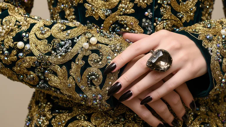 Luxury fashion close-up of a hand with a statement ring on emerald velvet, generated by a text to image AI