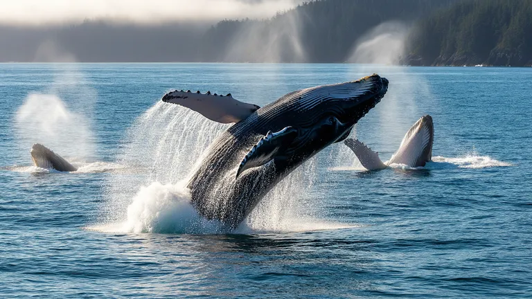 Humpback whale breaching in deep offshore waters near a mountainous coastline, generated by a text to image AI