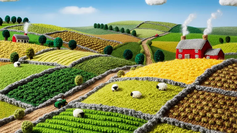 Whimsical countryside landscape knitted from yarn with fluffy sheep, generated by a text to image AI